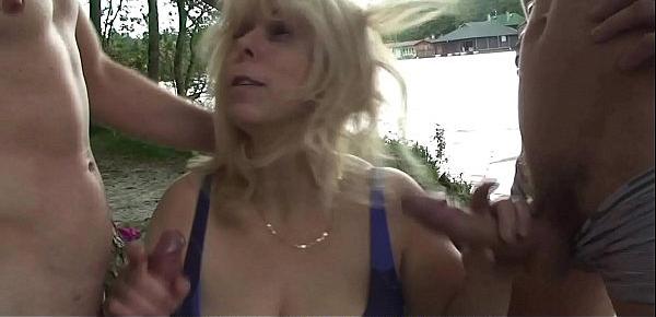  Busty blonde granny and boys teen outdoor 3some